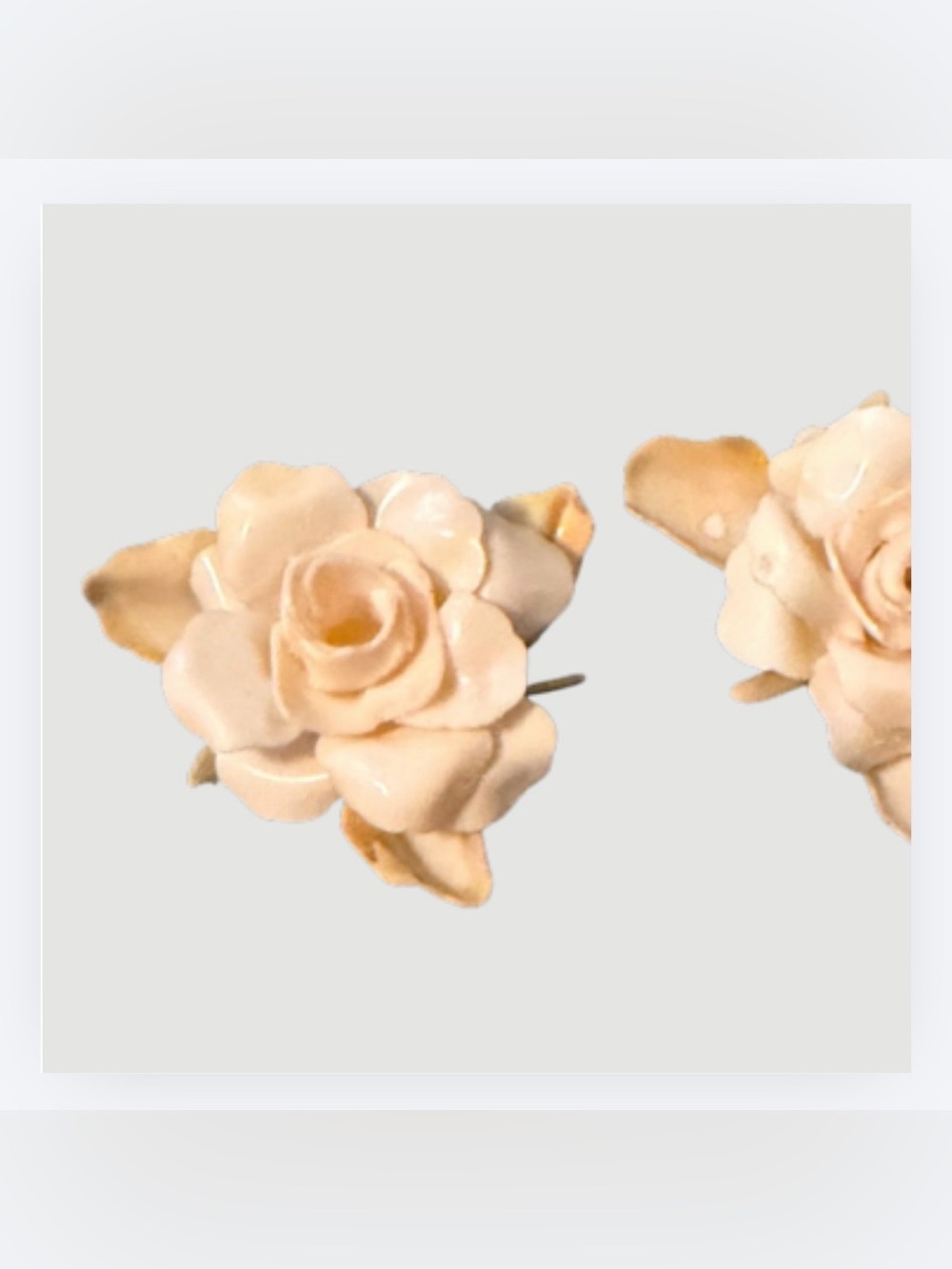 Vintage 1940-50s Ivory Rose Clip-on Earrings, Delicate Celluloid Floral Jewelry - Picture 3 of 4